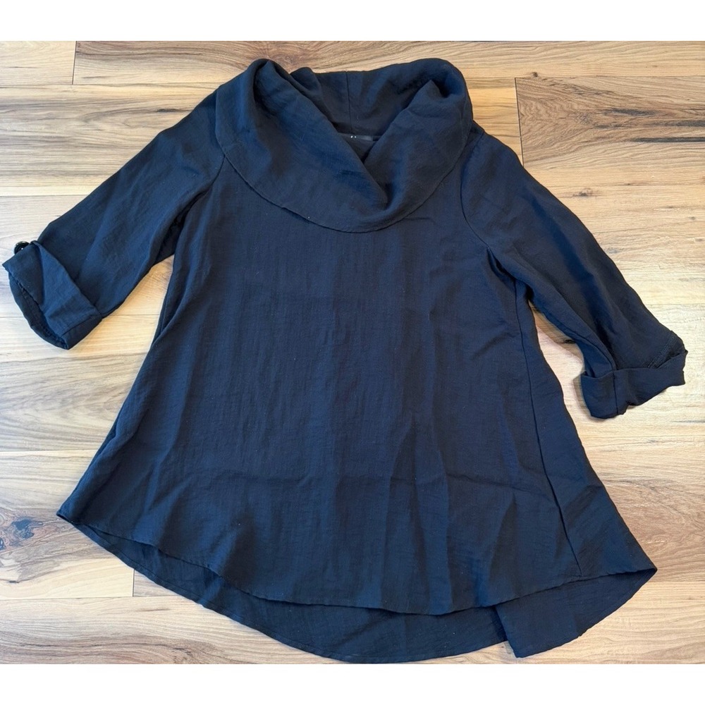 Yushi Cowl neck Tunic Black Cuff Button Artsy Lagenlook Minimalist Old Money OS